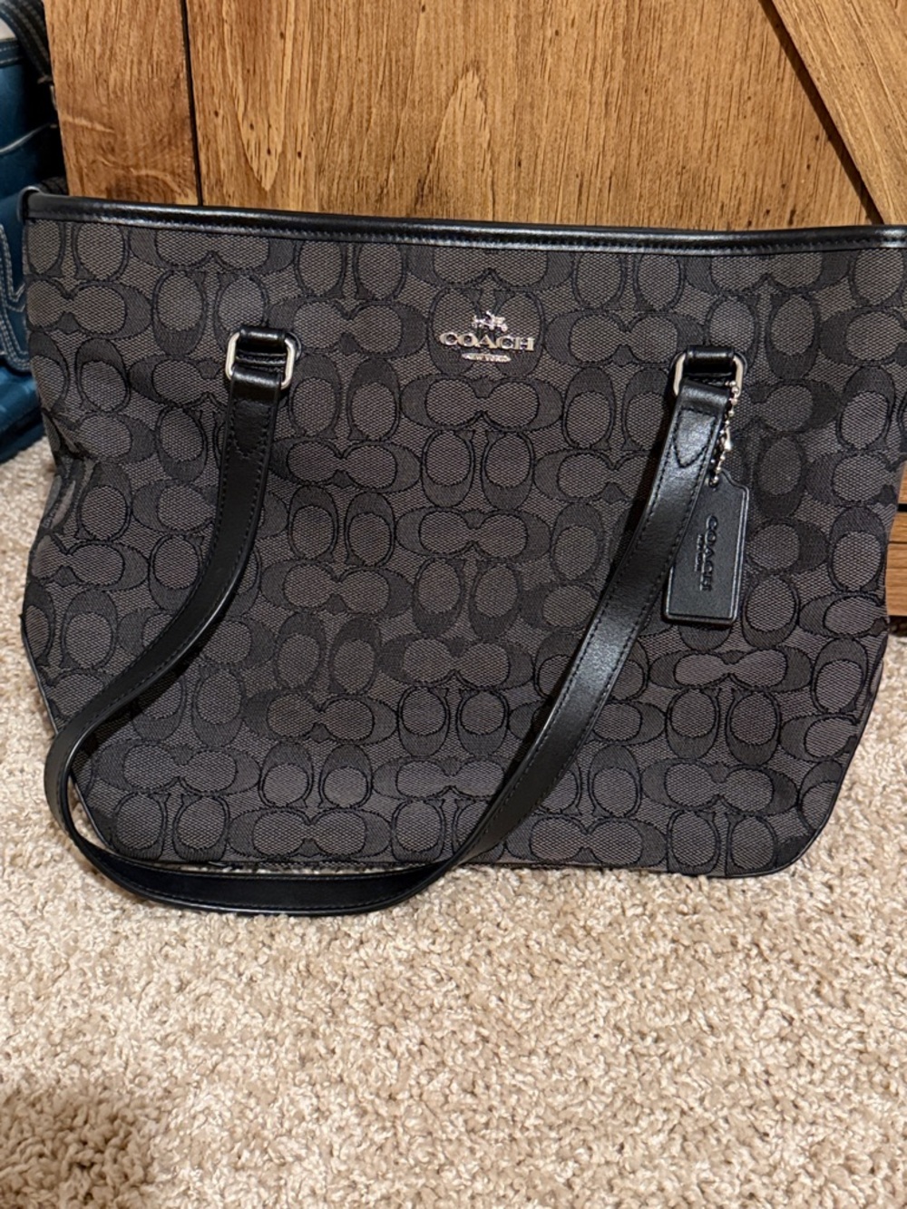 Coach Black Signature Jacquard Tote with Leather Trim